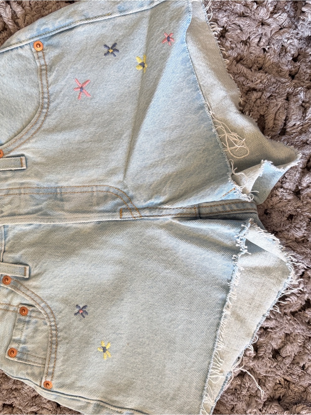 Light Wash Embroidered Denim Shorts - Pastel Floral Details